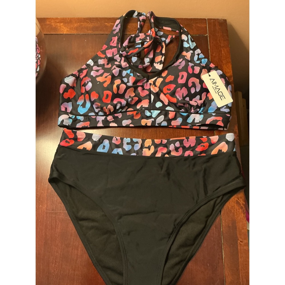AIMAGE Womens High Waisted Bikini Set Multi Color Leopard Print‎ Halter Size L